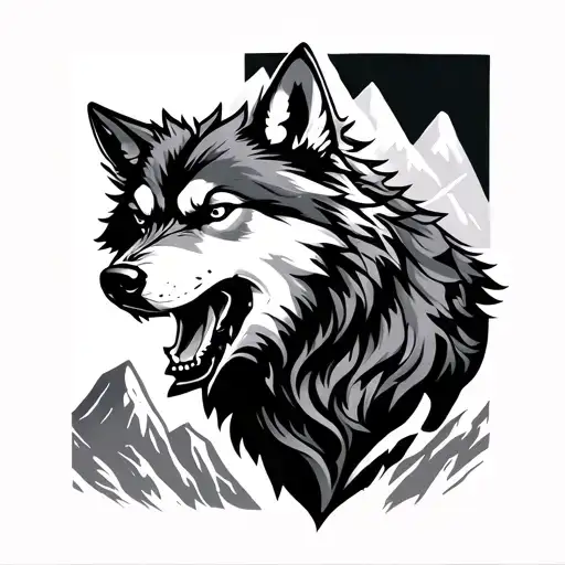 Growling Wolf And Mountains