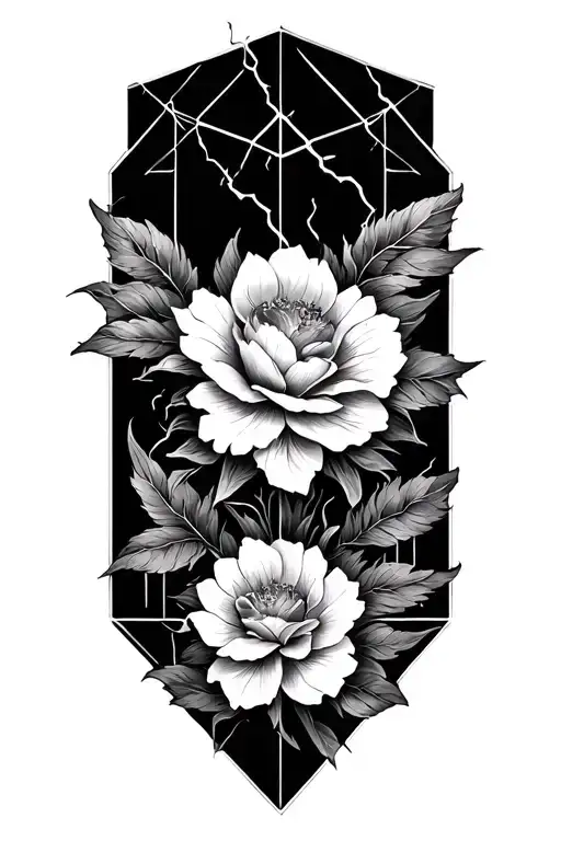 Geometric Design Incorporating Thunder And Floral Design Blackwork