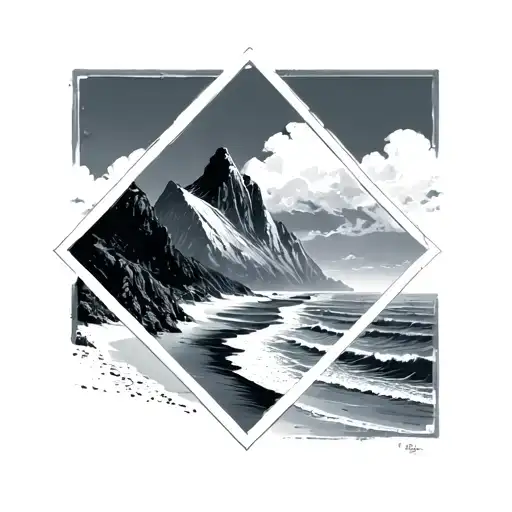 Mountains And An Ocean Beach With A Diamond Shaped Border