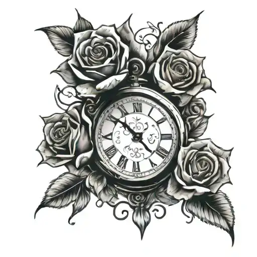Broken Clock And Roses Blooming