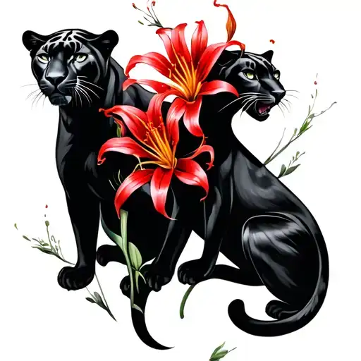 2 Panthers With Red Spider Lily