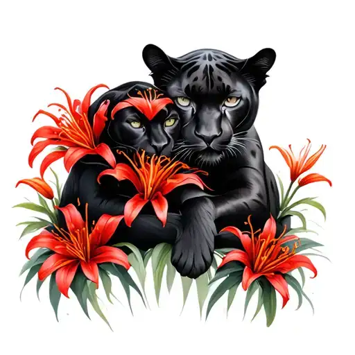 2 Panthers Cuddled Up With Red Spider Lilies