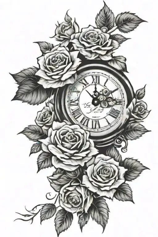 Broken Clock And Roses Blooming