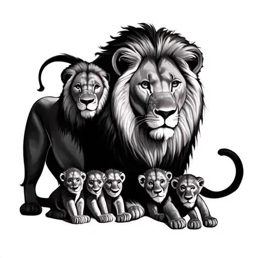 Lion With 4 Cubs