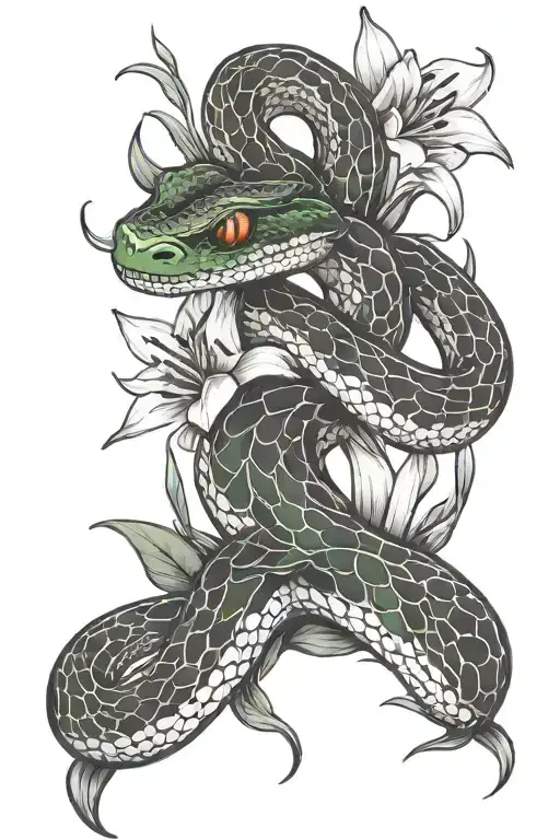 Green Eyes Snake With Lillies