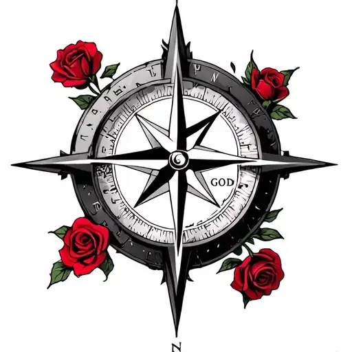 Compass That Points North But North Is Replaced With God And There Are Red Roses Inside The Compass