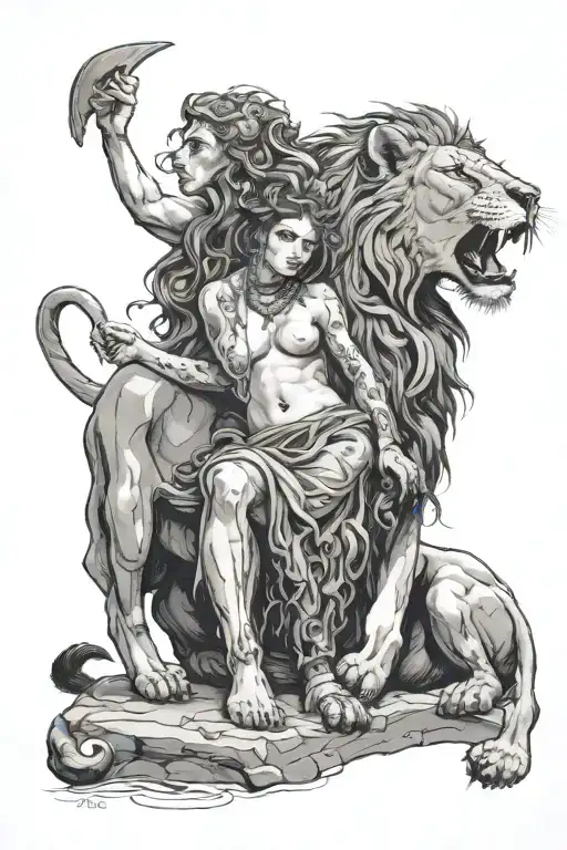 Maiden Leaning On Wounded Lion With Small Bull Laying At Their Feet