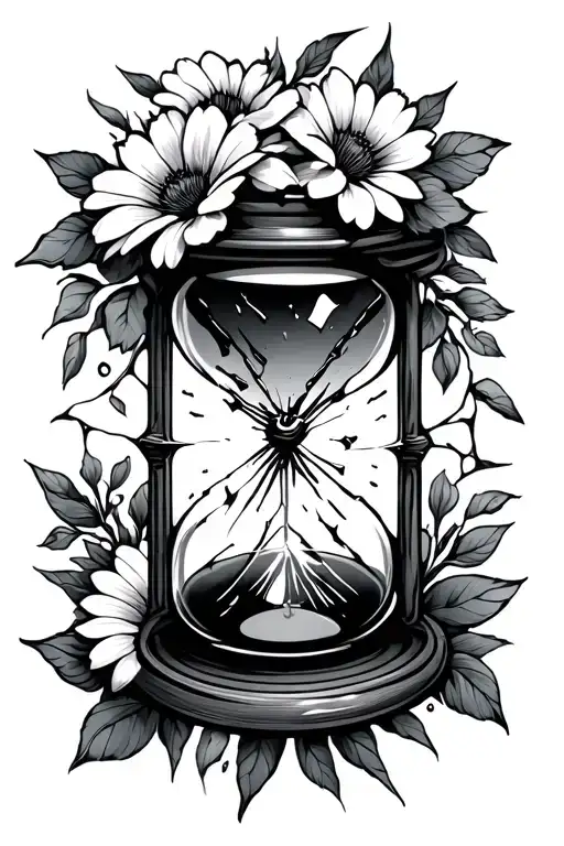Shattered Hour Glass Surrounded By Flowers Symbolizing