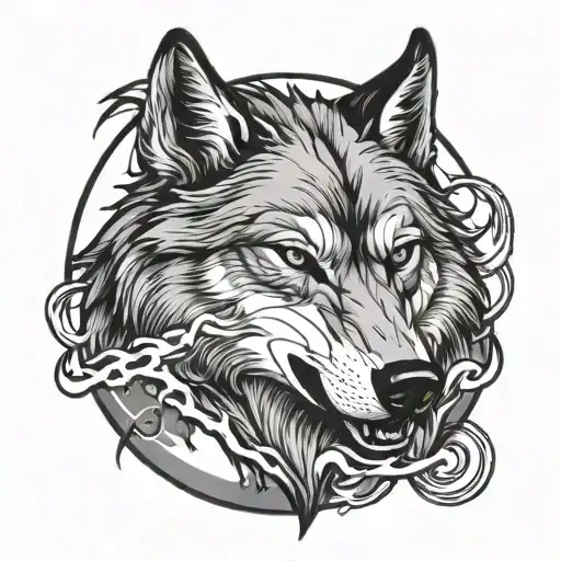 Wolf Head With Moon And Lightning