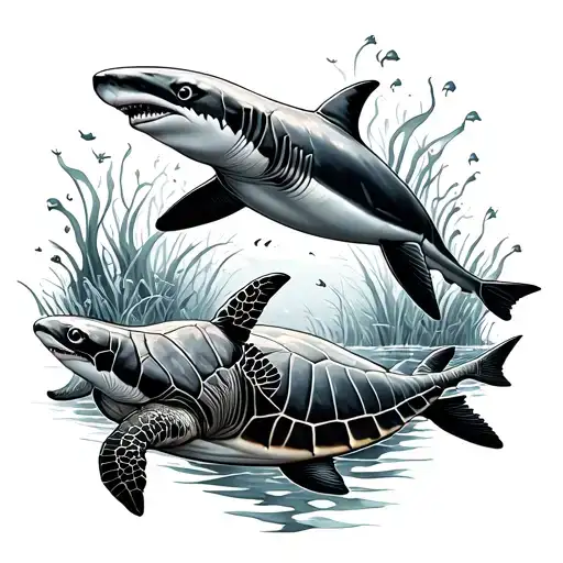 Sharks With Turtles And Fish Swimming In A Line Spine