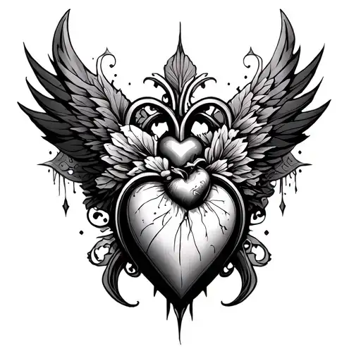Futuristic Sacred Heart Lower Throat Tattoo Detailed With Roman Filigree Background