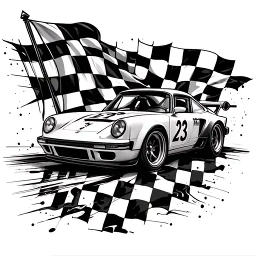 Sport Car Racing With The Number 23 On The Car And A Checkerd Flag As The Background