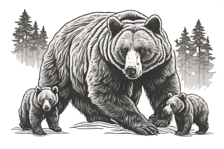 Outline Of Bear And Cubs Walking