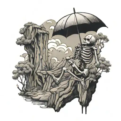 Skeleton Falling Off A Cliff With An Umbrella Drink