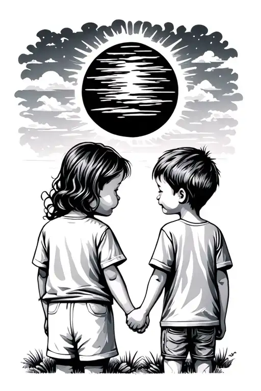 Mom And Son Holding Hands Looking At The Sun Going Down