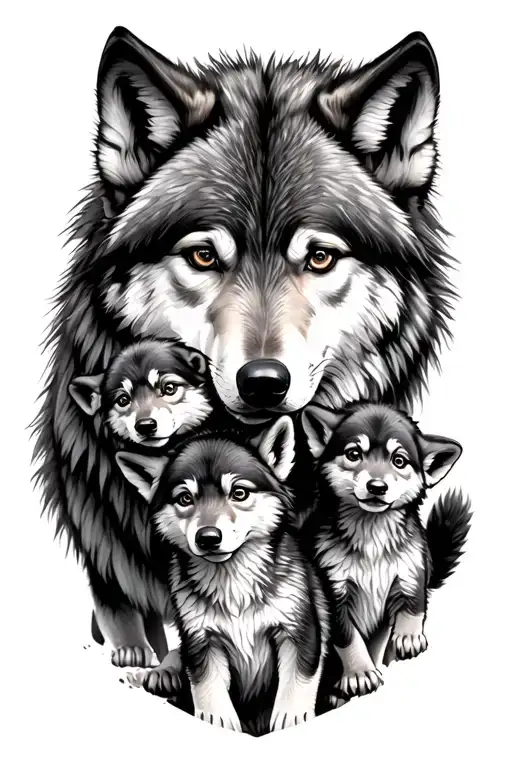 Wolf Family With 2 Cubs Playing