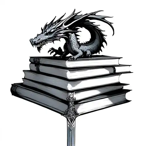 Stack Of Books Sword Dragon Flying