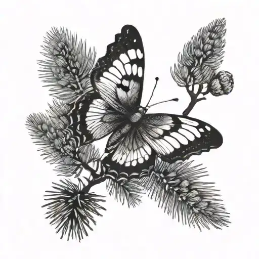 Dotwork A Butterfly Perched On A Pine Tree Branch With Mountains In The Background