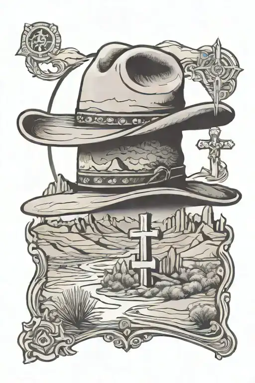 Cross With Cowboy Hat In Desert Landscape