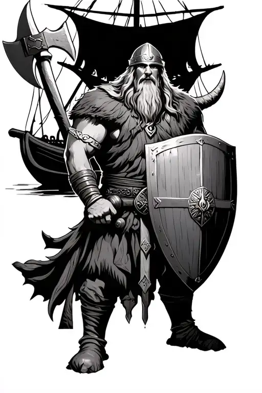Viking With Axe And Shield With Boat In Background