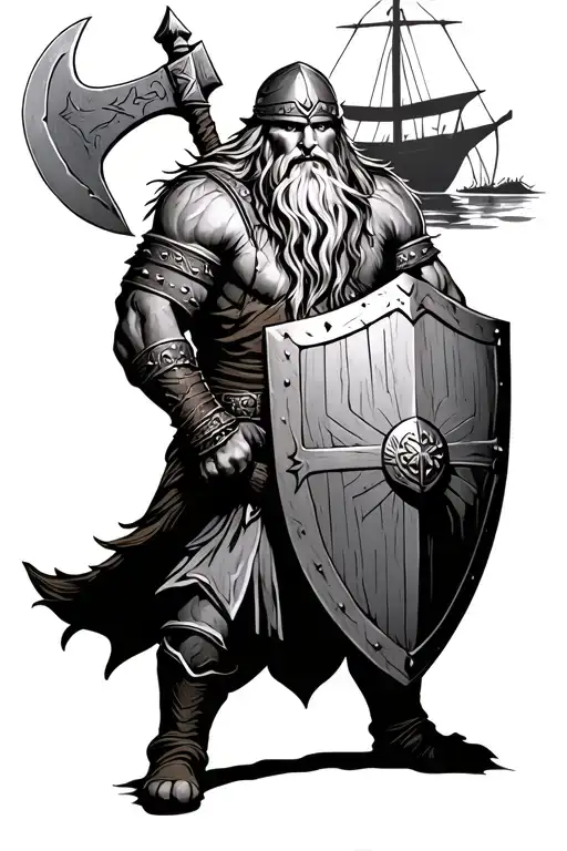 Viking With Axe And Shield With Boat In Background