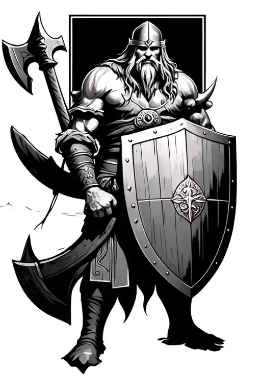 Viking Holding Axe And Shield With Boat In Background