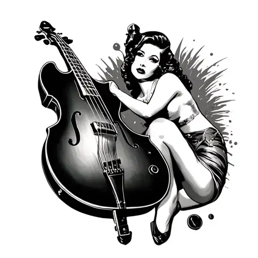 Pin-up With Rockabilly Double Bass Guitar Surrounded