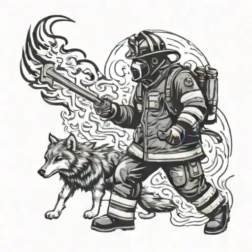 An Industrial Firefighter Battling Flames With A Wolf Silhouette In The Background