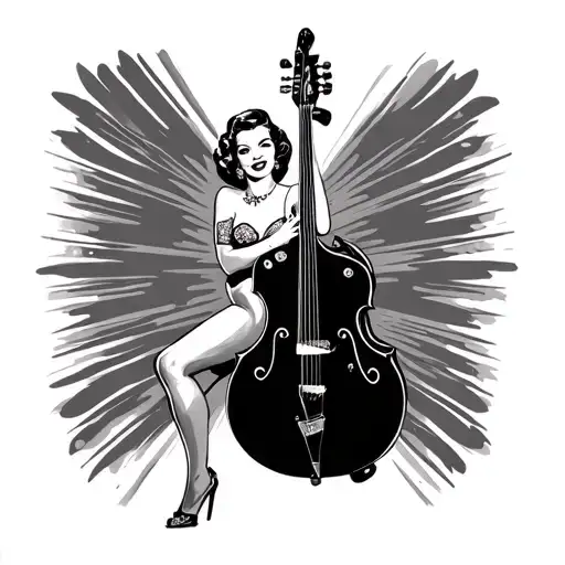 Pin-up With Rockabilly Double Bass Guitar Surrounded Old School
