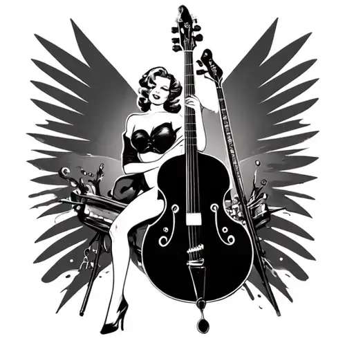 Pin-up With Rockabilly Double Bass Guitar Surrounded Old School