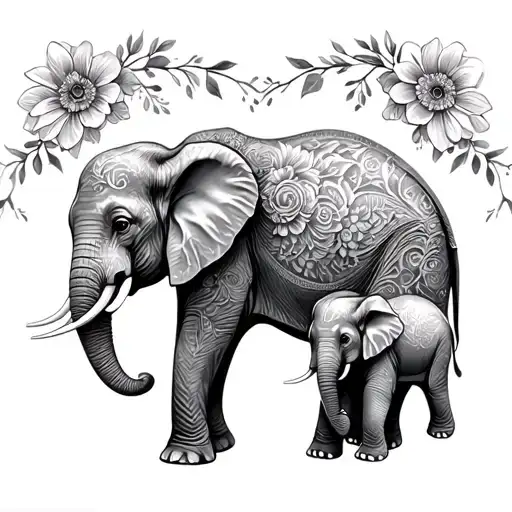 Mother Elephant Made Of Flowers Connected To Two Baby Elephants