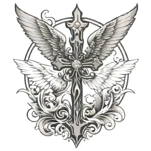 Cross With A Florian Cross In The Center Of The Cross And Spread Angel Wings Behind It