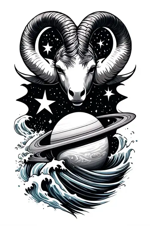 Capricorn Zodiac Sign Saturn Ocean Wave Merging Stars