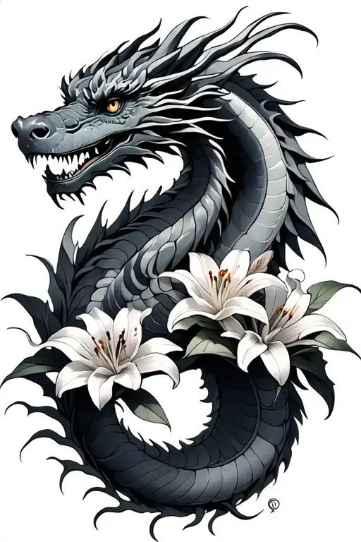 Dragon With Lily Flowers Intertwined