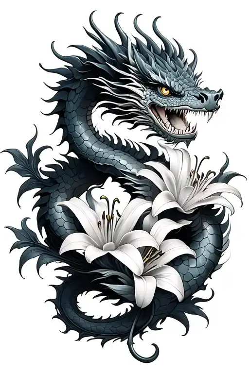 Dragon With Lily Flowers Intertwined