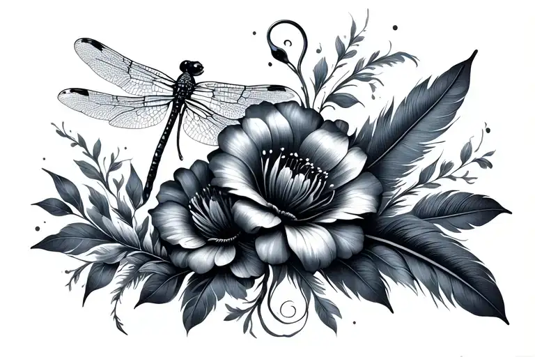 Flowers Dragonfly And A Swan Feathers Elegant