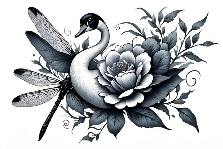 Dragonfly Swan Flowers Intertwined