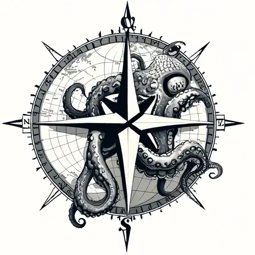 Map Background With Compass And Octopus