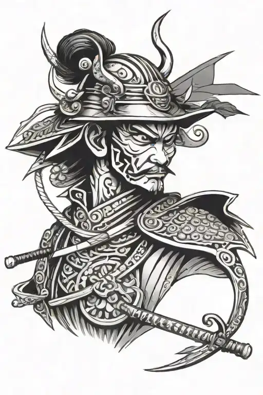 Samurai Face With Sword With Menpo Mask Adorned