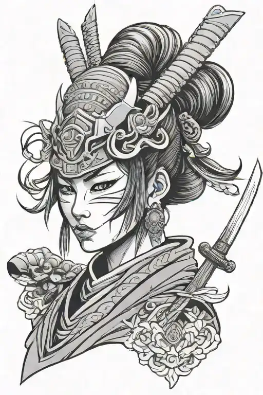 Female Samurai Face With Sword With Menpo Mask Adorned