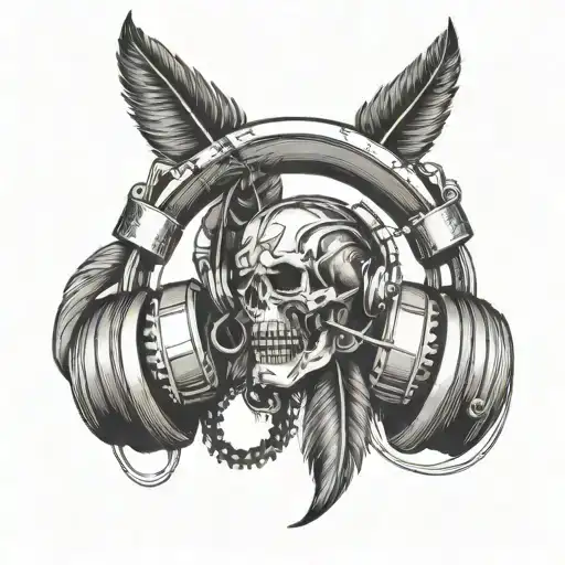 Wrench Crossed With Feather In A Horseshoe Surrounded By Headphones