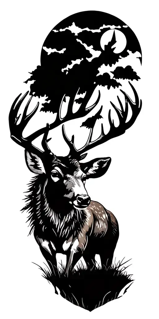 Wild Deer With Hunter Silhouette