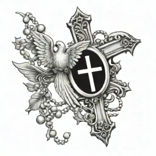 Catholic Cross With Rosary And Dove Perched