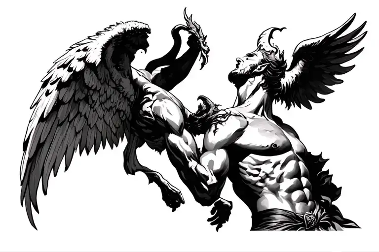 Angel And Demon Fight Scene Tattoo Design Inspired On Full Men Neck