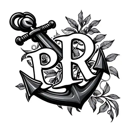Anchor Tattoo Design With Pr Initials In Cursive Style