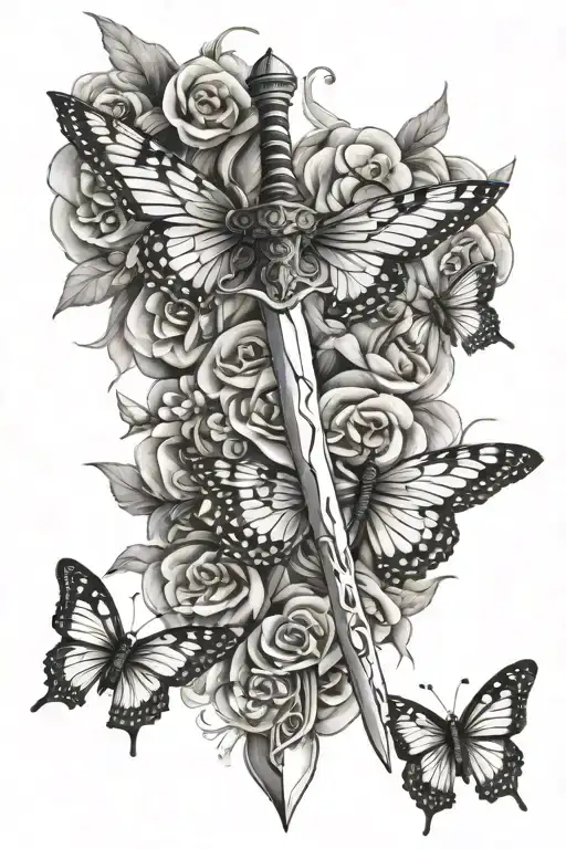 Sword And Butterflies Flying Together
