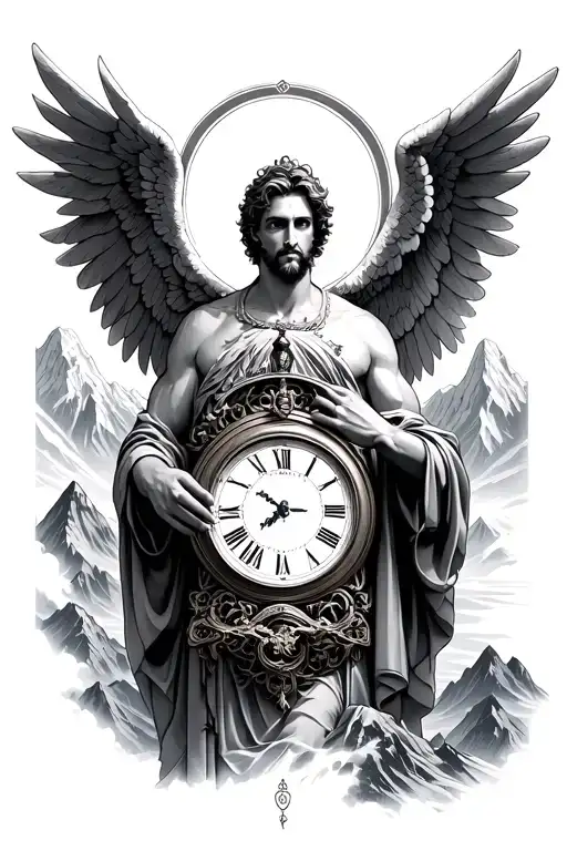 An Man Angel Touching A Clock Surrounded My Mountain Range
