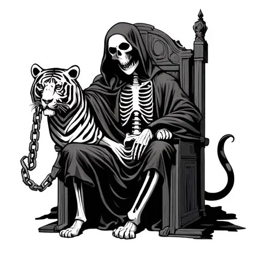 Grim Reaper Sitting On Throne Made Of Skeleton Holding A Chain Attached To Tiger
