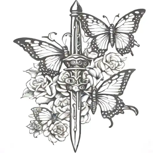 Sword And Butterflies Flying Together