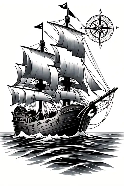 Pirate Ship With Compass Surrounded